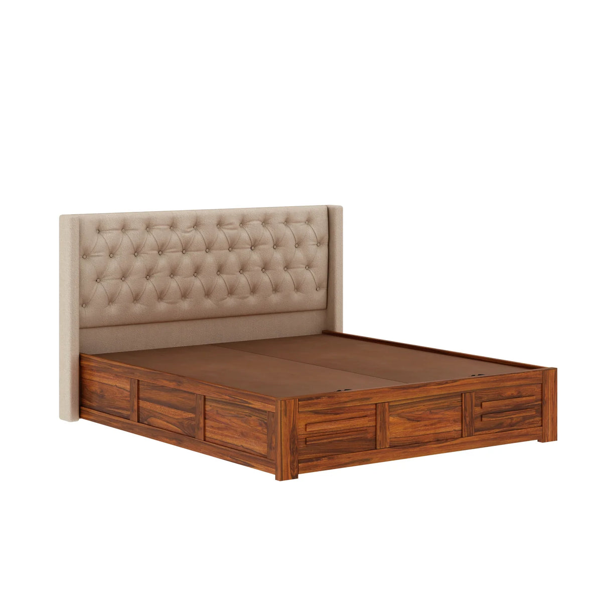 Oslen Sheesham Bed With Box Storage & Fabrio Style Upholstered Headboard-3 Years Warranty(Luxe Edition)