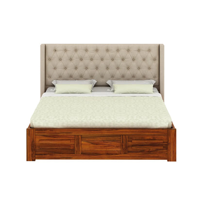 Oslen Sheesham Bed With Box Storage & Fabrio Style Upholstered Headboard-3 Years Warranty(Luxe Edition)