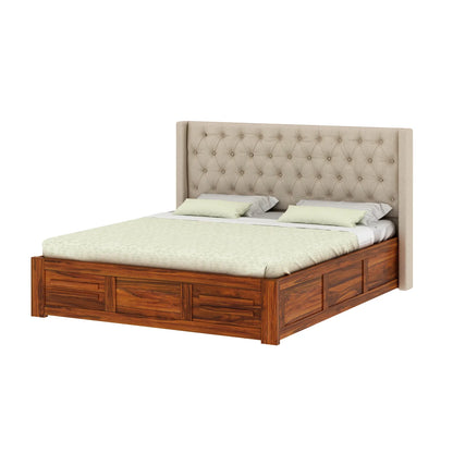 Oslen Sheesham Bed With Box Storage & Fabrio Style Upholstered Headboard-3 Years Warranty(Luxe Edition)