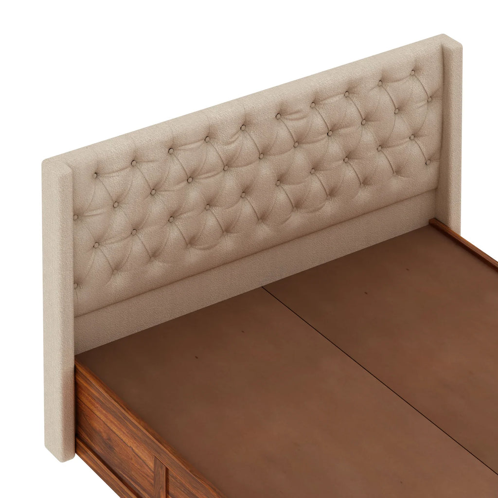 Oslen Solid Sheesham Wood Bed With Box Storage & Fabrio Style Upholstered Headboard-3 years Warranty(LUXE EDITION)