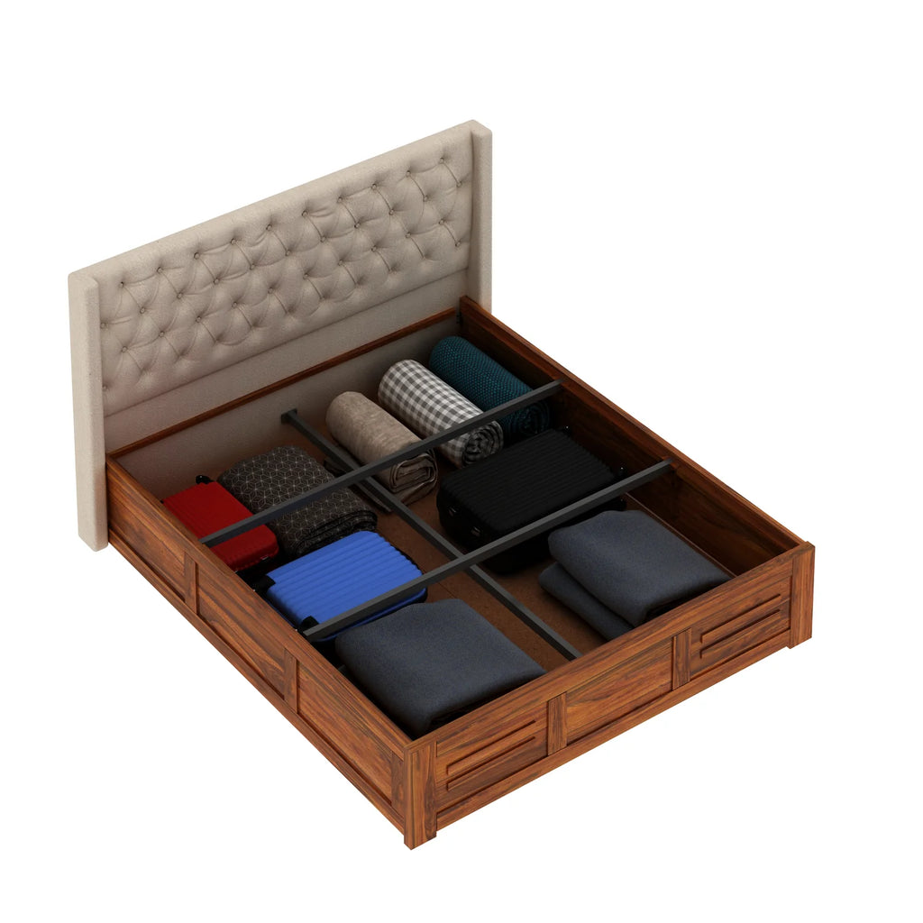 Oslen Solid Sheesham Wood Bed With Box Storage & Fabrio Style Upholstered Headboard-3 years Warranty(LUXE EDITION)