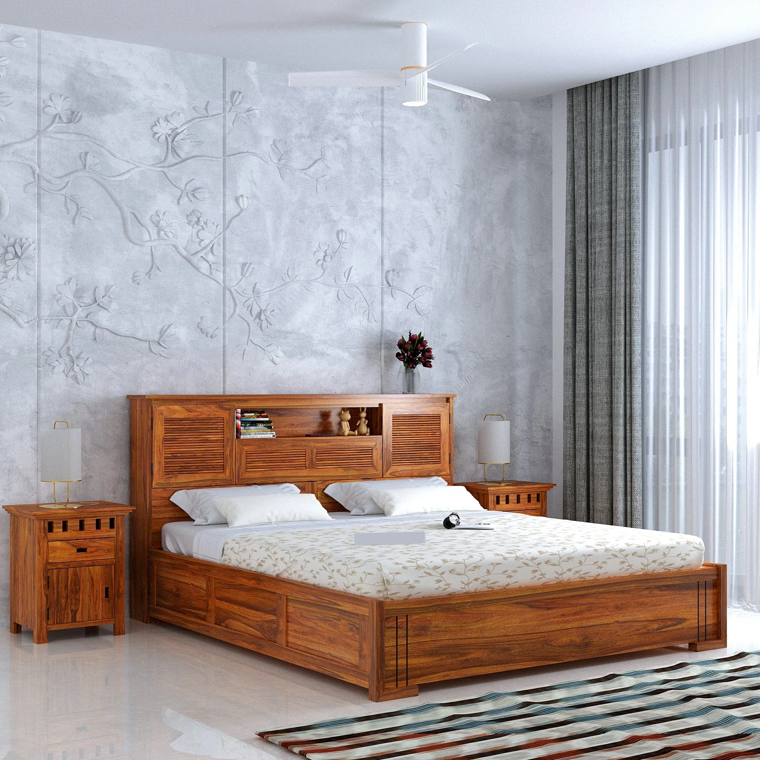 Maharaja Groove Solid Sheesham Wood Bed with Box and Headboard Storage - 3 years Warranty
