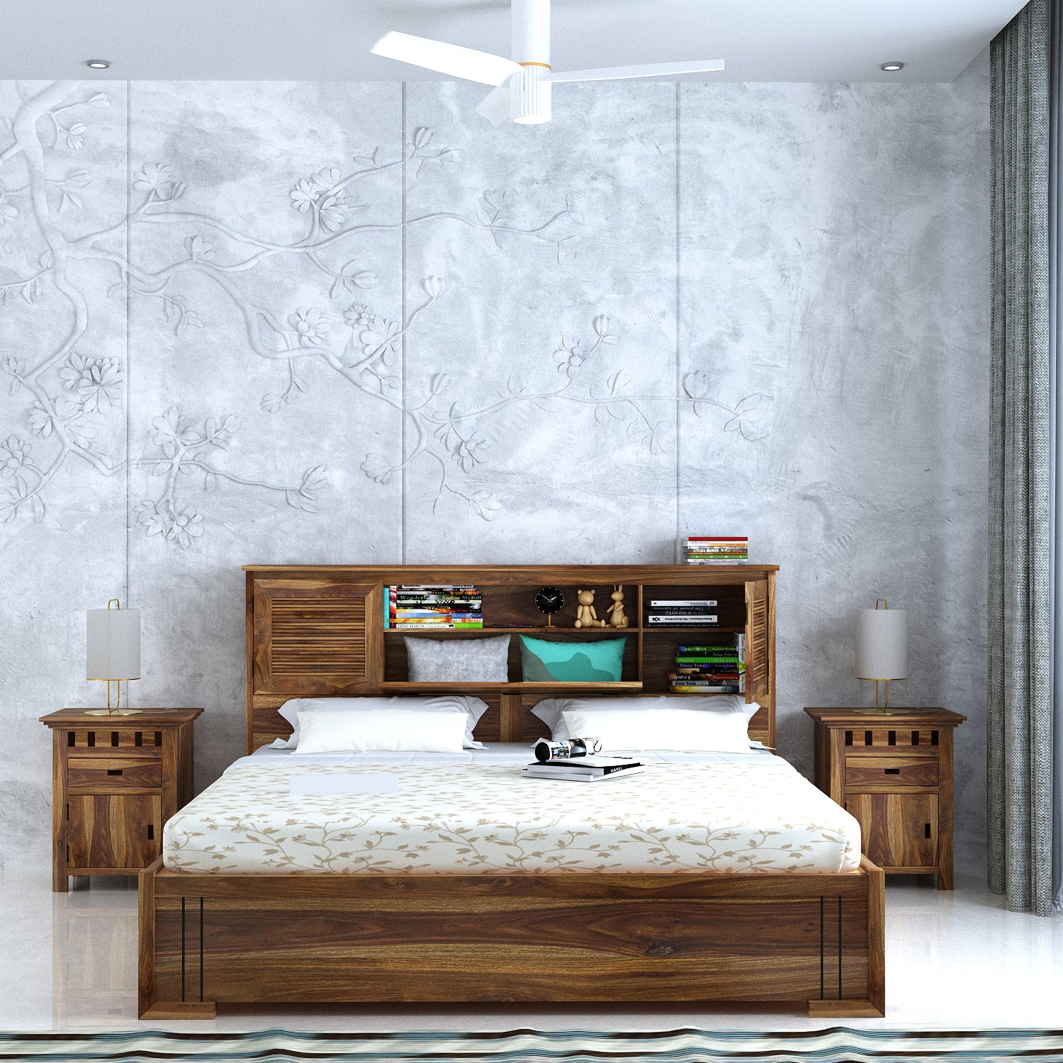 Maharaja Groove Solid Sheesham Wood Bed with Box and Headboard Storage - 3 years Warranty