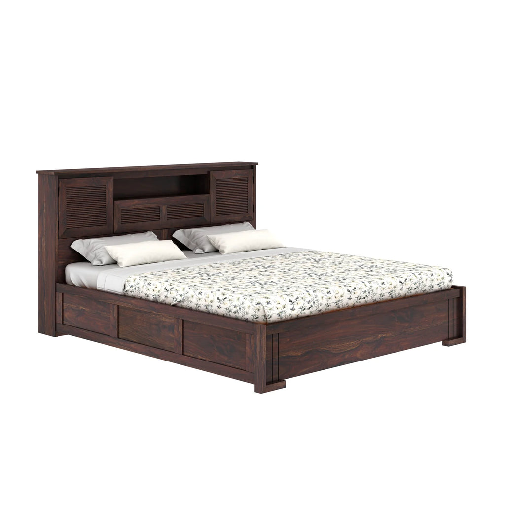 Maharaja Groove Solid Sheesham Wood Bed with Box and Headboard Storage - 3 years Warranty