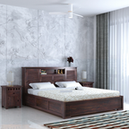 Maharaja Groove Solid Sheesham Wood Bed with Box and Headboard Storage - 3 years Warranty