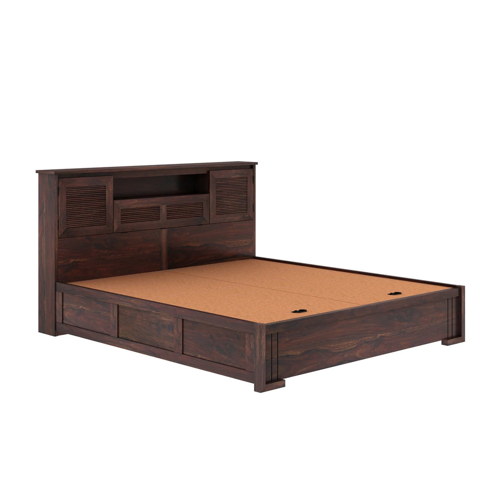 Maharaja Groove Solid Sheesham Wood Bed with Box and Headboard Storage - 3 years Warranty