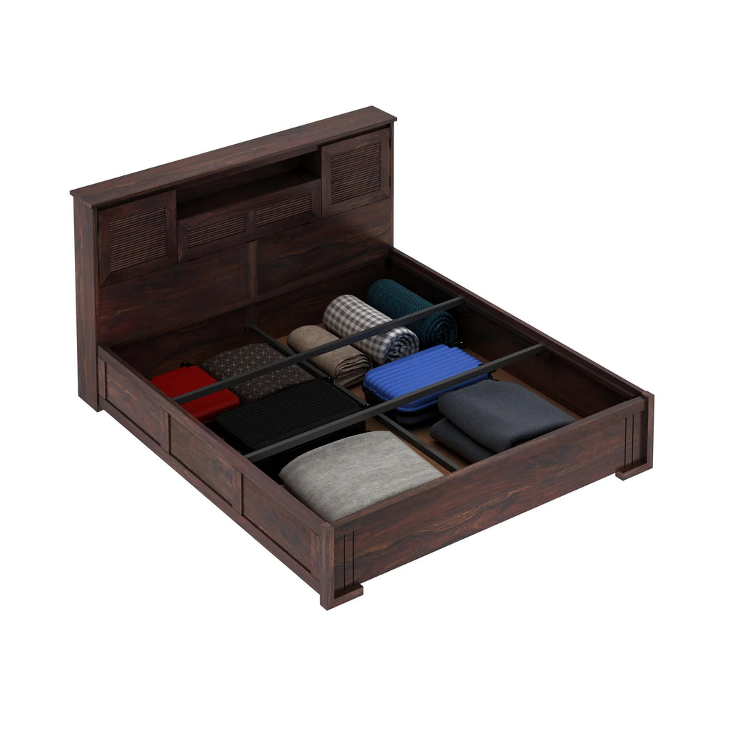 Maharaja Groove Solid Sheesham Wood Bed with Box and Headboard Storage - 3 years Warranty