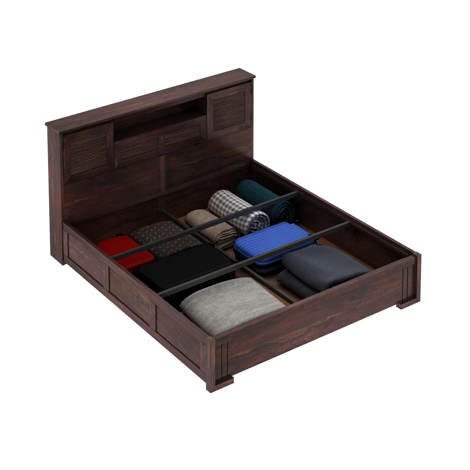 Maharaja Groove Solid Sheesham Wood Bed with Box and Headboard Storage - 3 years Warranty