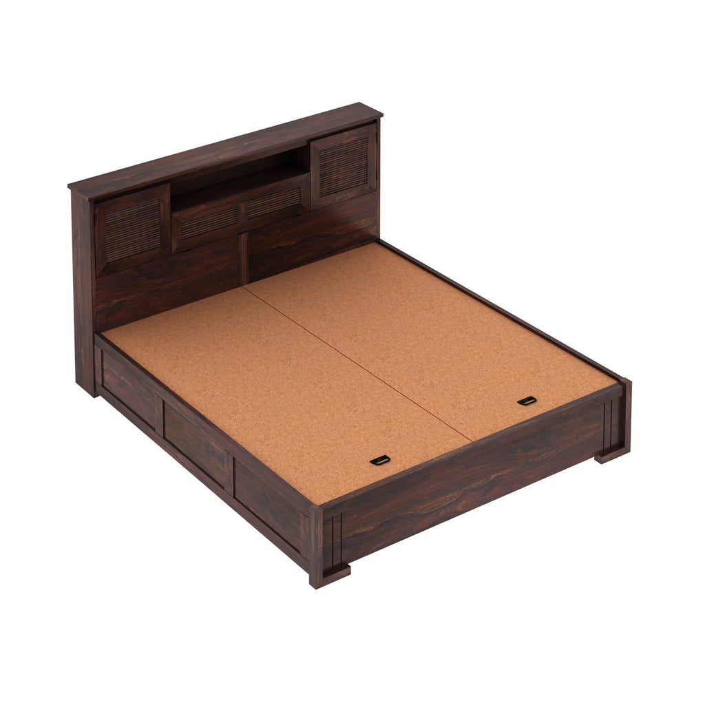 Maharaja Groove Solid Sheesham Wood Bed with Box and Headboard Storage - 3 years Warranty