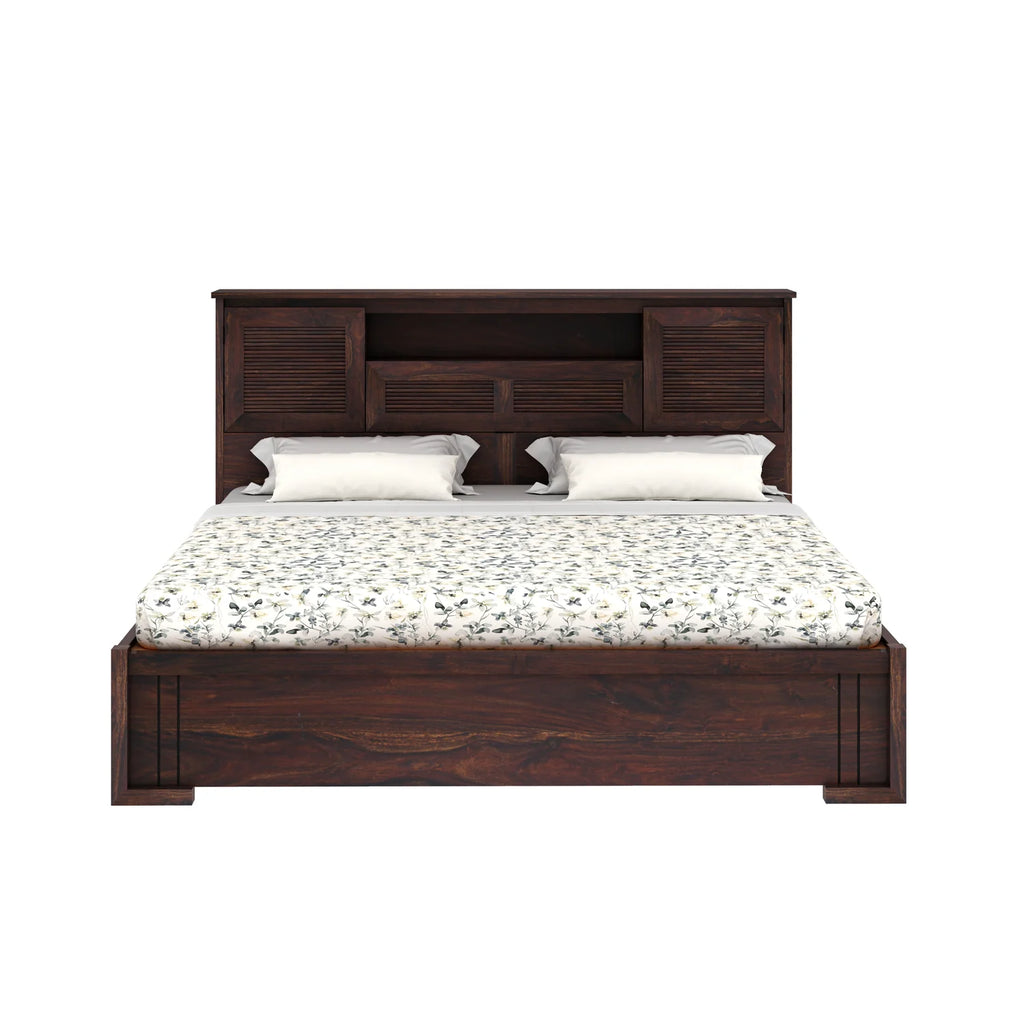 Maharaja Groove Solid Sheesham Wood Bed with Box and Headboard Storage - 3 years Warranty
