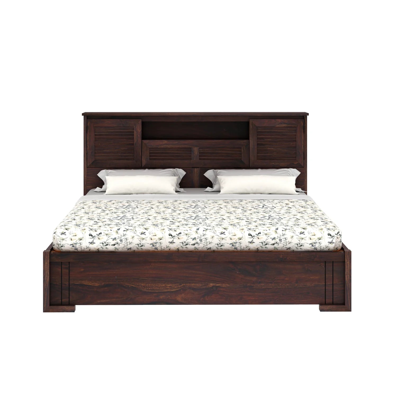 Maharaja Groove Solid Sheesham Wood Bed with Box and Headboard Storage - 3 years Warranty