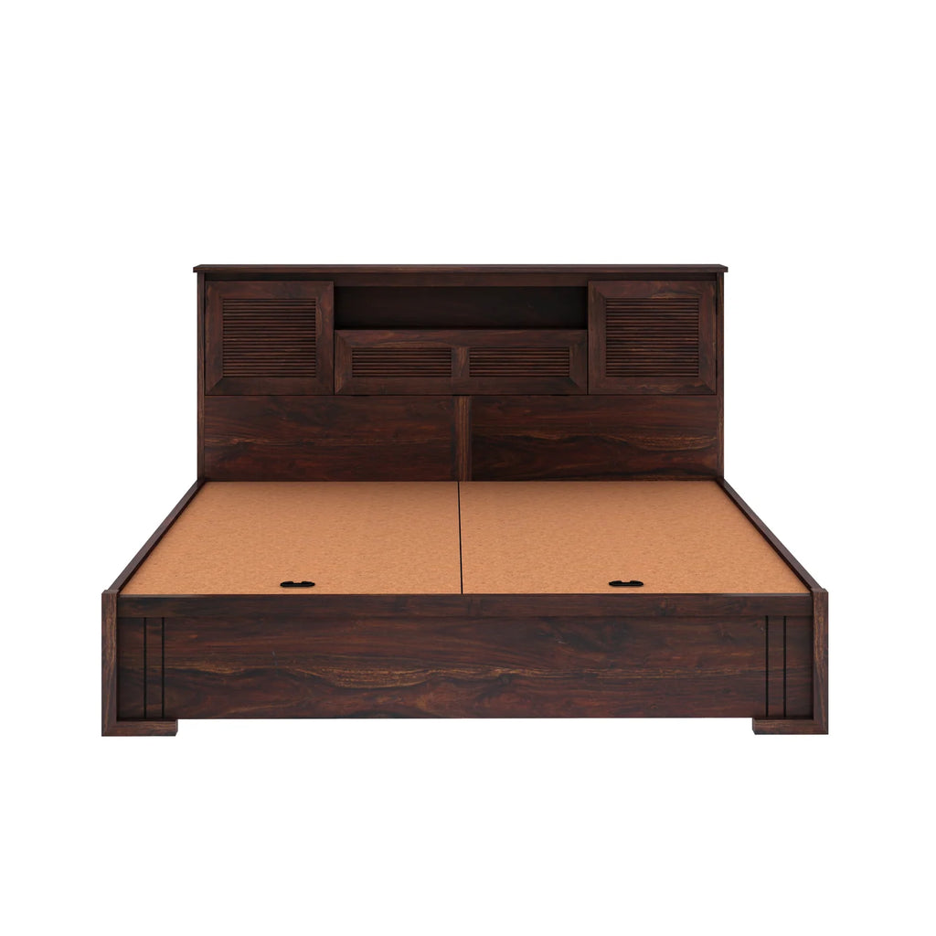 Maharaja Groove Solid Sheesham Wood Bed with Box and Headboard Storage - 3 years Warranty