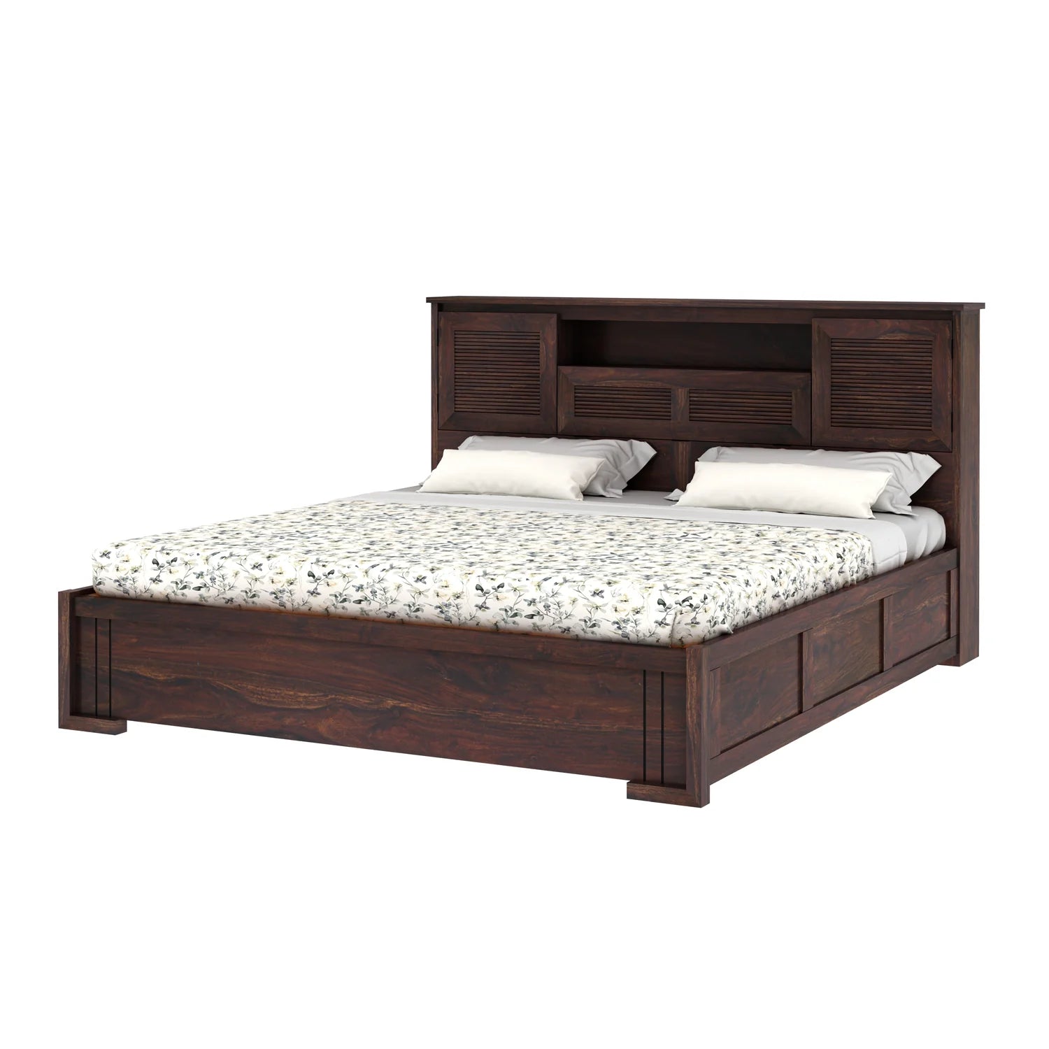 Maharaja Groove Solid Sheesham Wood Bed with Box and Headboard Storage - 3 years Warranty
