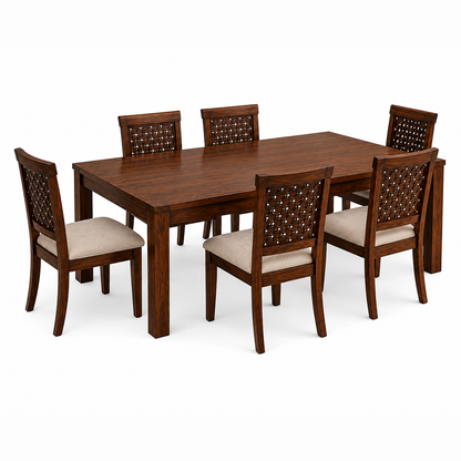 The RJ Art Sheesham Wood 6 Seater Dining Table Set with Upholstered Chairs in Walnut Finish