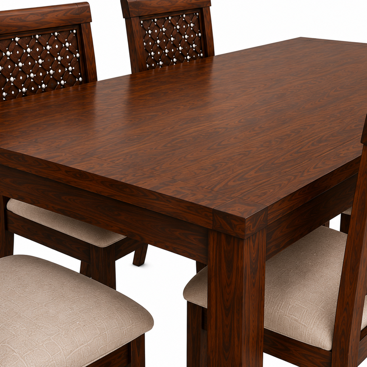 The RJ Art Sheesham Wood 6 Seater Dining Table Set with Upholstered Chairs in Walnut Finish