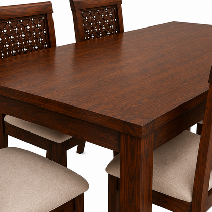 The RJ Art Sheesham Wood 6 Seater Dining Table Set with Upholstered Chairs in Walnut Finish