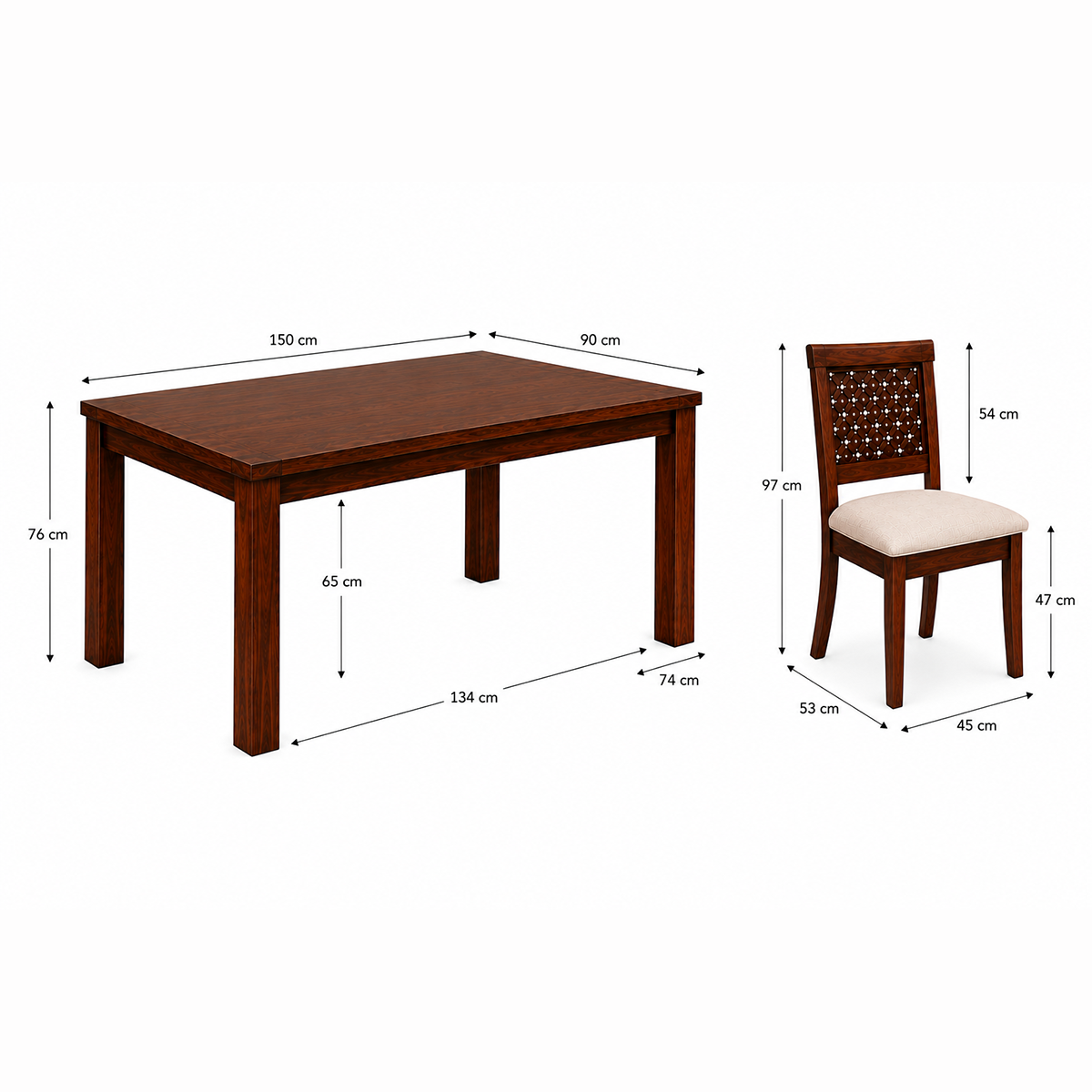 The RJ Art Sheesham Wood 6 Seater Dining Table Set with Upholstered Chairs in Walnut Finish