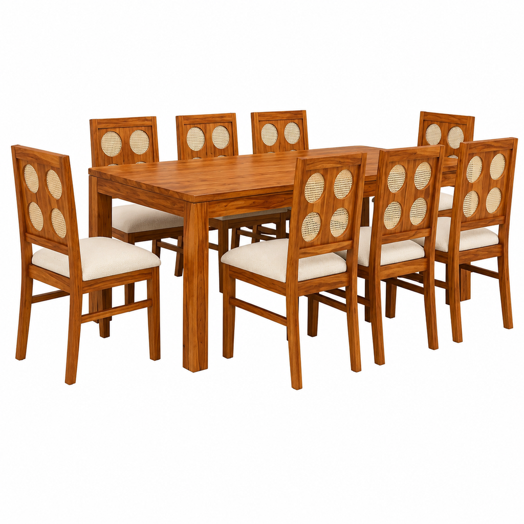The RJ Art Sheesham Wood 8 Seater Dining Table with Solid Wood Construction and Natural Finish
