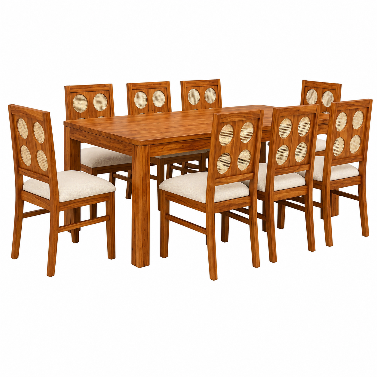 The RJ Art Sheesham Wood 8 Seater Dining Table with Solid Wood Construction and Natural Finish