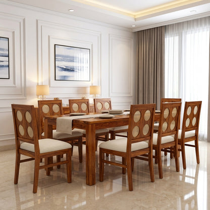 The RJ Art Sheesham Wood 8 Seater Dining Table with Solid Wood Construction and Natural Finish