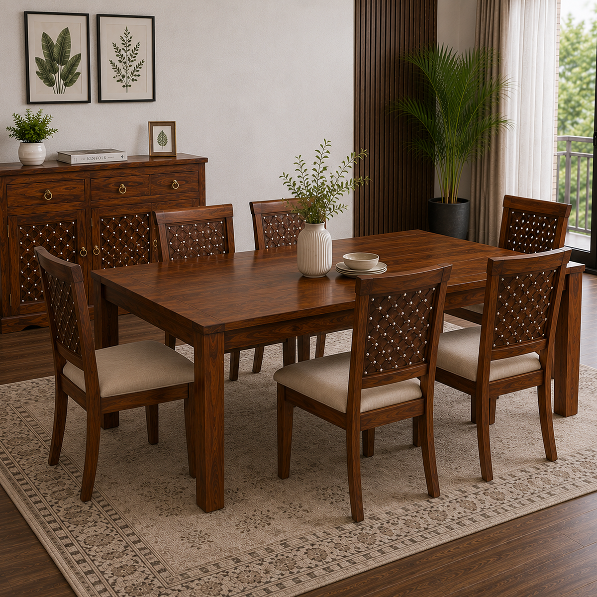 The RJ Art Sheesham Wood 6 Seater Dining Table Set with Upholstered Chairs in Walnut Finish