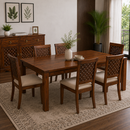 The RJ Art Sheesham Wood 6 Seater Dining Table Set with Upholstered Chairs in Walnut Finish