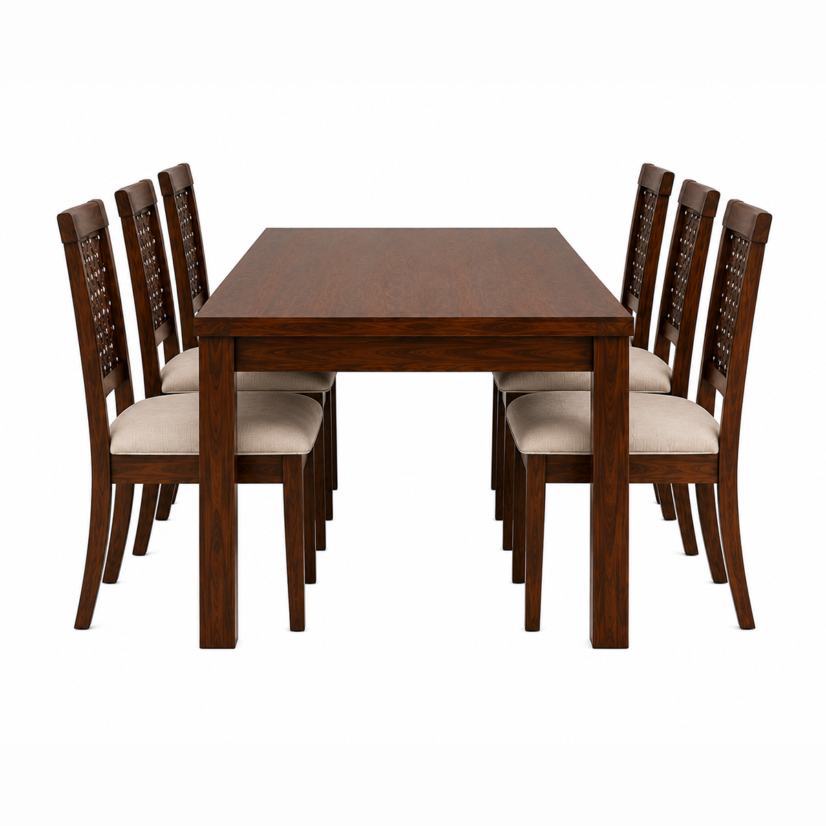 The RJ Art Sheesham Wood 6 Seater Dining Table Set with Upholstered Chairs in Walnut Finish