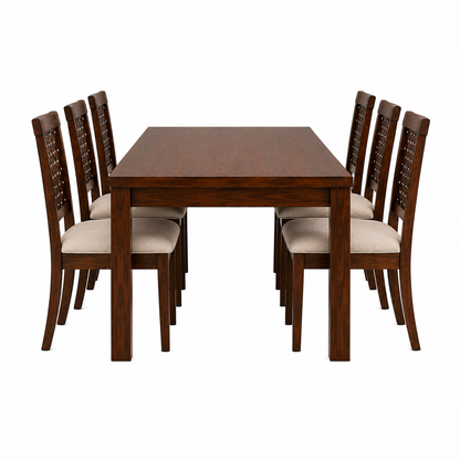 The RJ Art Sheesham Wood 6 Seater Dining Table Set with Upholstered Chairs in Walnut Finish