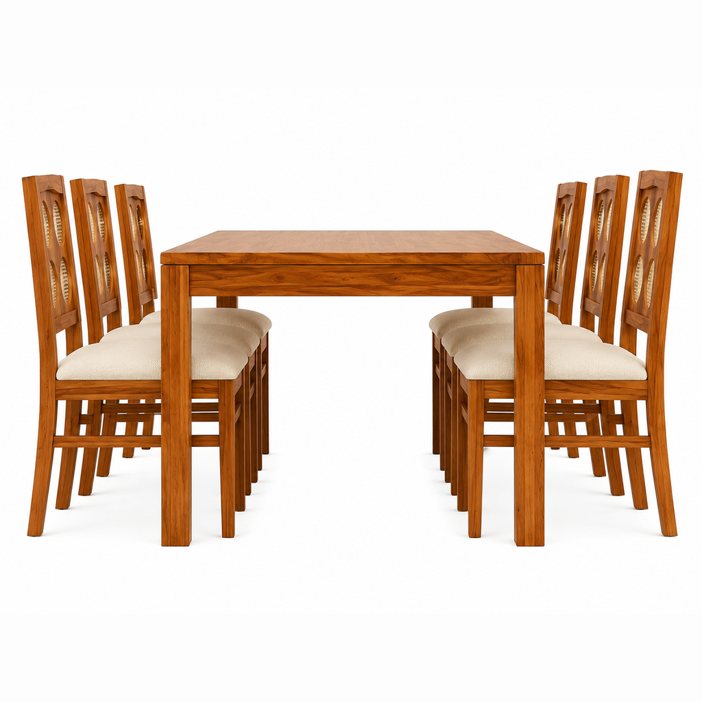 The RJ Art Sheesham Wood 8 Seater Dining Table with Solid Wood Construction and Natural Finish