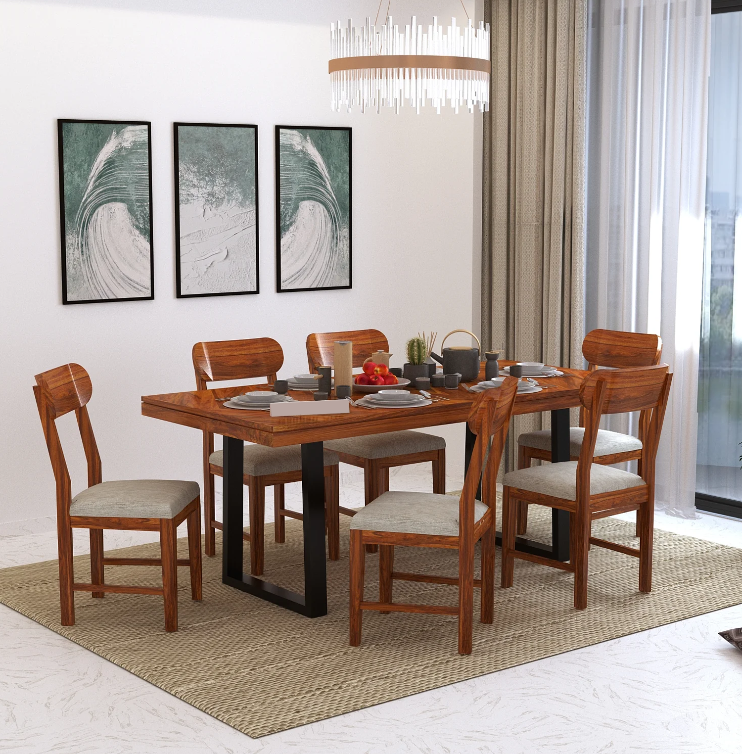 Marvello Solid Sheesham Wood 6 Seater Dining Set With Iron Legs(Wave Detailing Top) - 3 Years Warranty