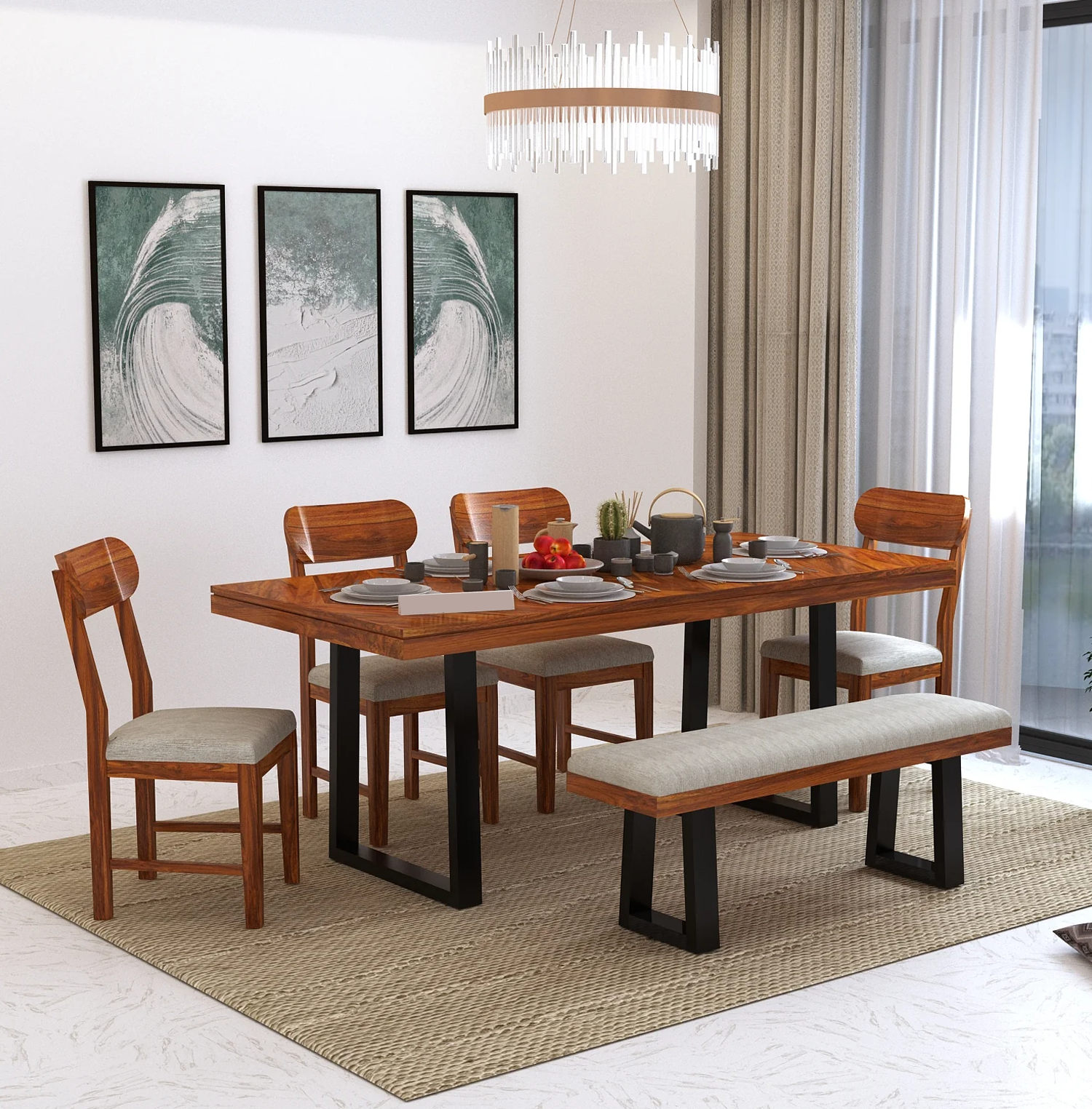 Marvello Solid Sheesham Wood 6 Seater Dining Set With Iron Legs(Wave Detailing Top) - 3 Years Warranty