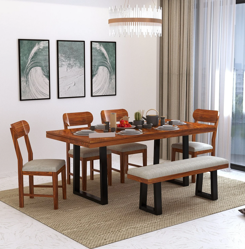 Marvello Solid Sheesham Wood 6 Seater Dining Set With Iron Legs(Wave Detailing Top) - 3 Years Warranty