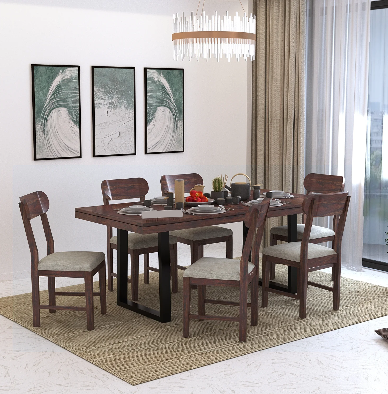 Marvello Solid Sheesham Wood 6 Seater Dining Set With Iron Legs(Wave Detailing Top) - 3 Years Warranty