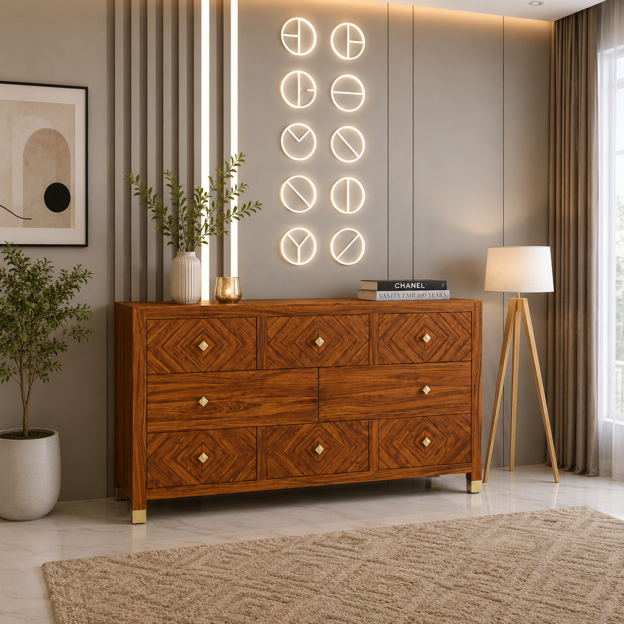 Wooden Rattan Chest of Drawers with Three Storage Drawers
