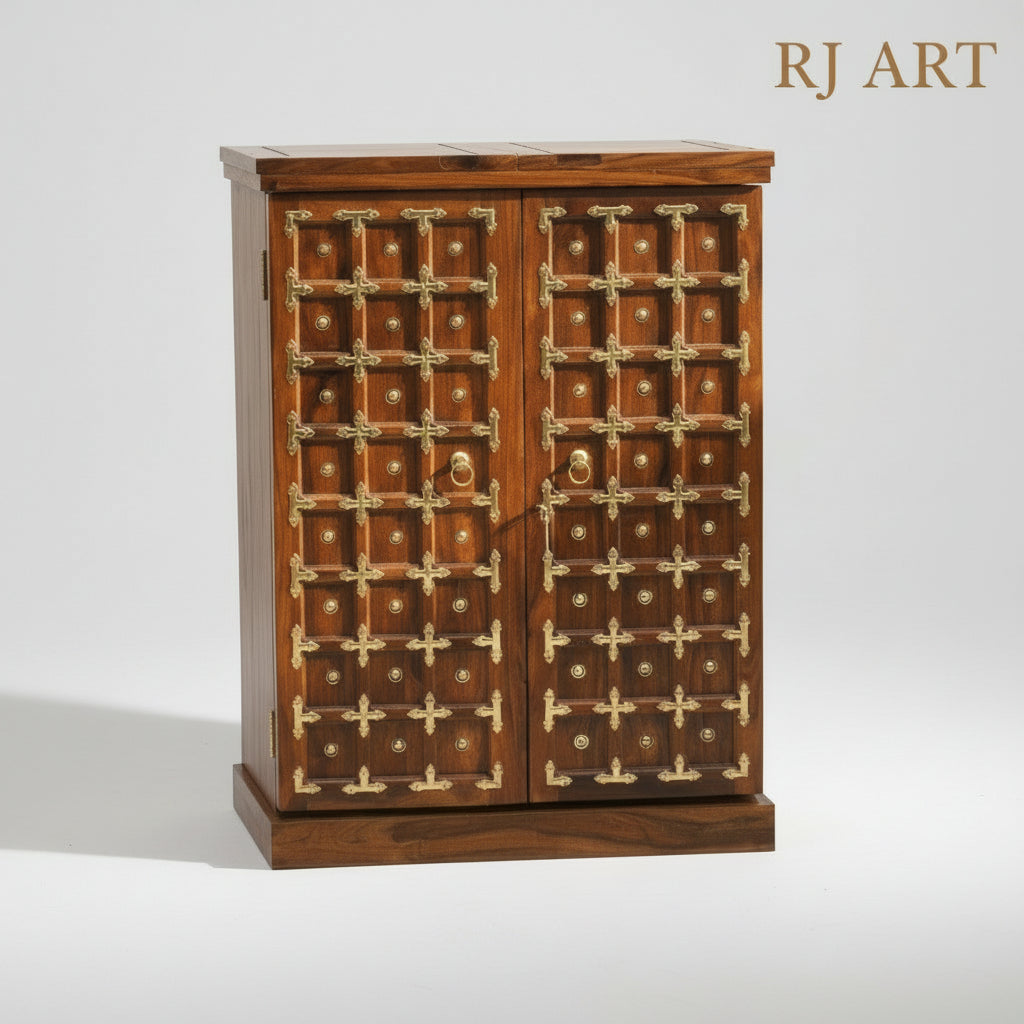 Rjart Sheesham Regular Brass Design Home Bar Cabinet