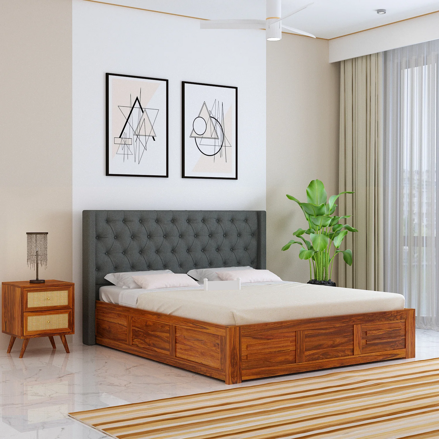 Oslen Sheesham Bed With Box Storage & Fabrio Style Upholstered Headboard-3 Years Warranty(Luxe Edition)
