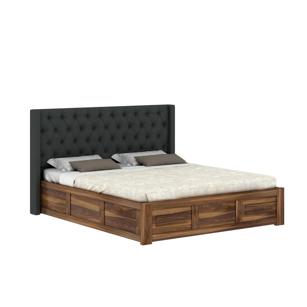 Oslen Solid Sheesham Wood Bed With Box Storage & Fabrio Style Upholstered Headboard-3 years Warranty(LUXE EDITION)