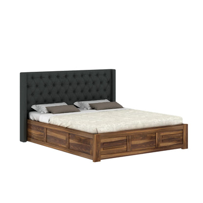 Oslen Sheesham Bed With Box Storage & Fabrio Style Upholstered Headboard-3 Years Warranty(Luxe Edition)