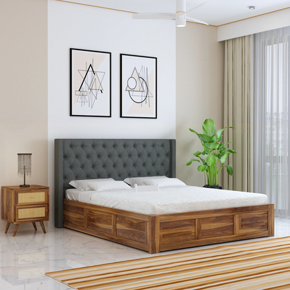 Oslen Sheesham Bed With Box Storage & Fabrio Style Upholstered Headboard-3 Years Warranty(Luxe Edition)