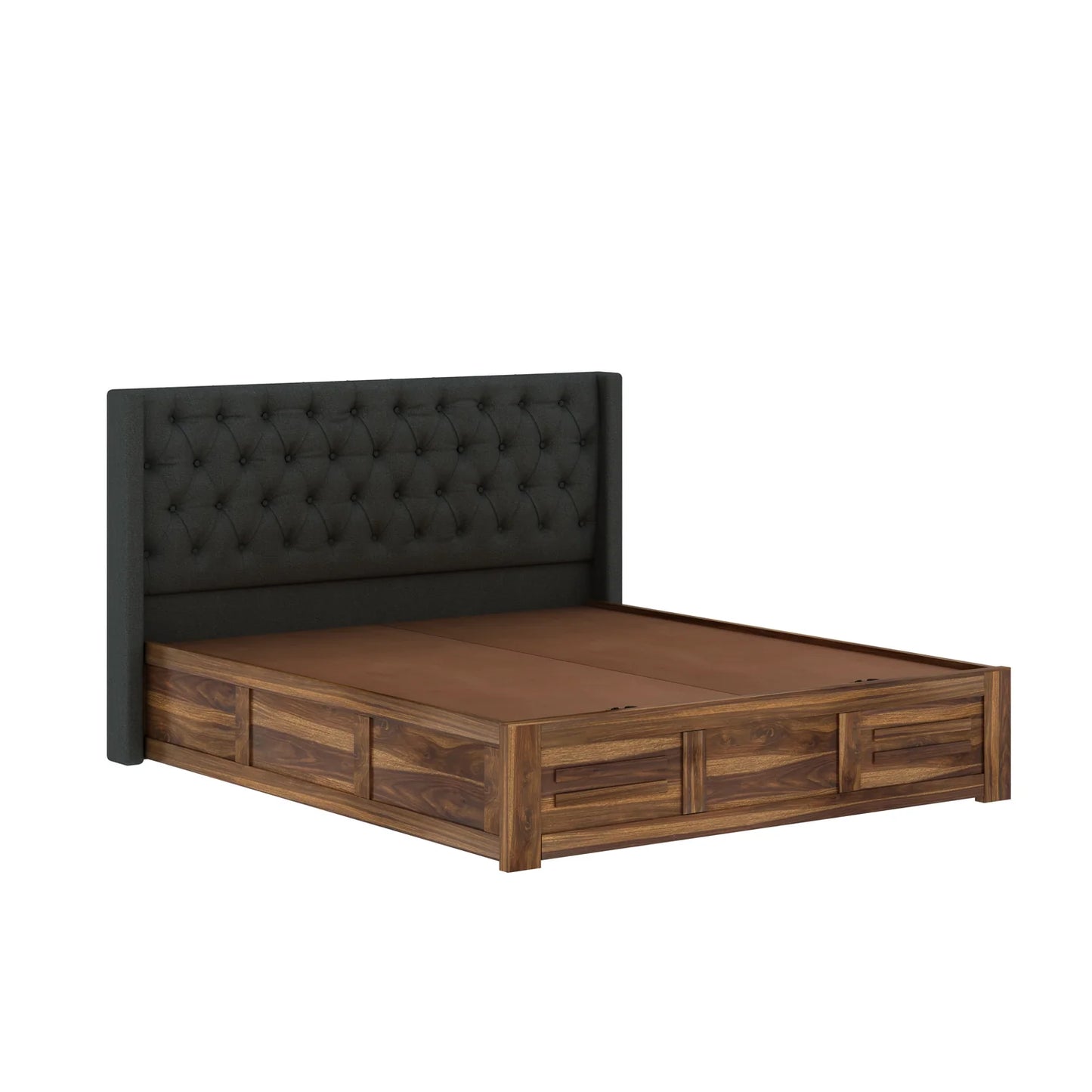Oslen Sheesham Bed With Box Storage & Fabrio Style Upholstered Headboard-3 Years Warranty(Luxe Edition)