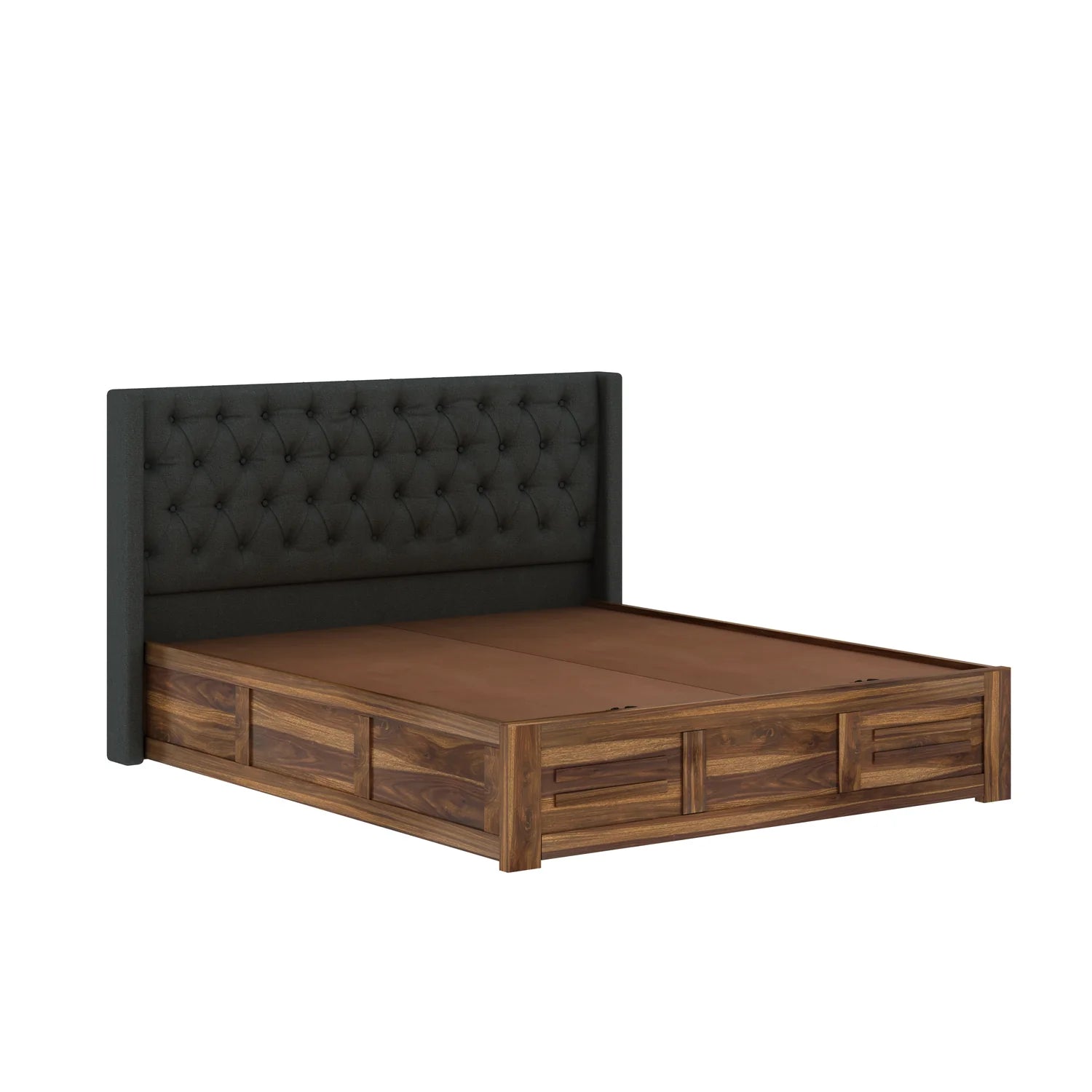Oslen Solid Sheesham Wood Bed With Box Storage & Fabrio Style Upholstered Headboard-3 years Warranty(LUXE EDITION)