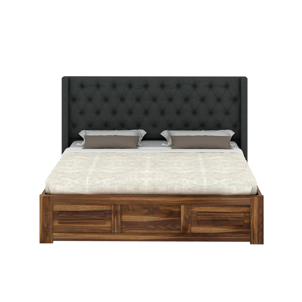 Oslen Solid Sheesham Wood Bed With Box Storage & Fabrio Style Upholstered Headboard-3 years Warranty(LUXE EDITION)