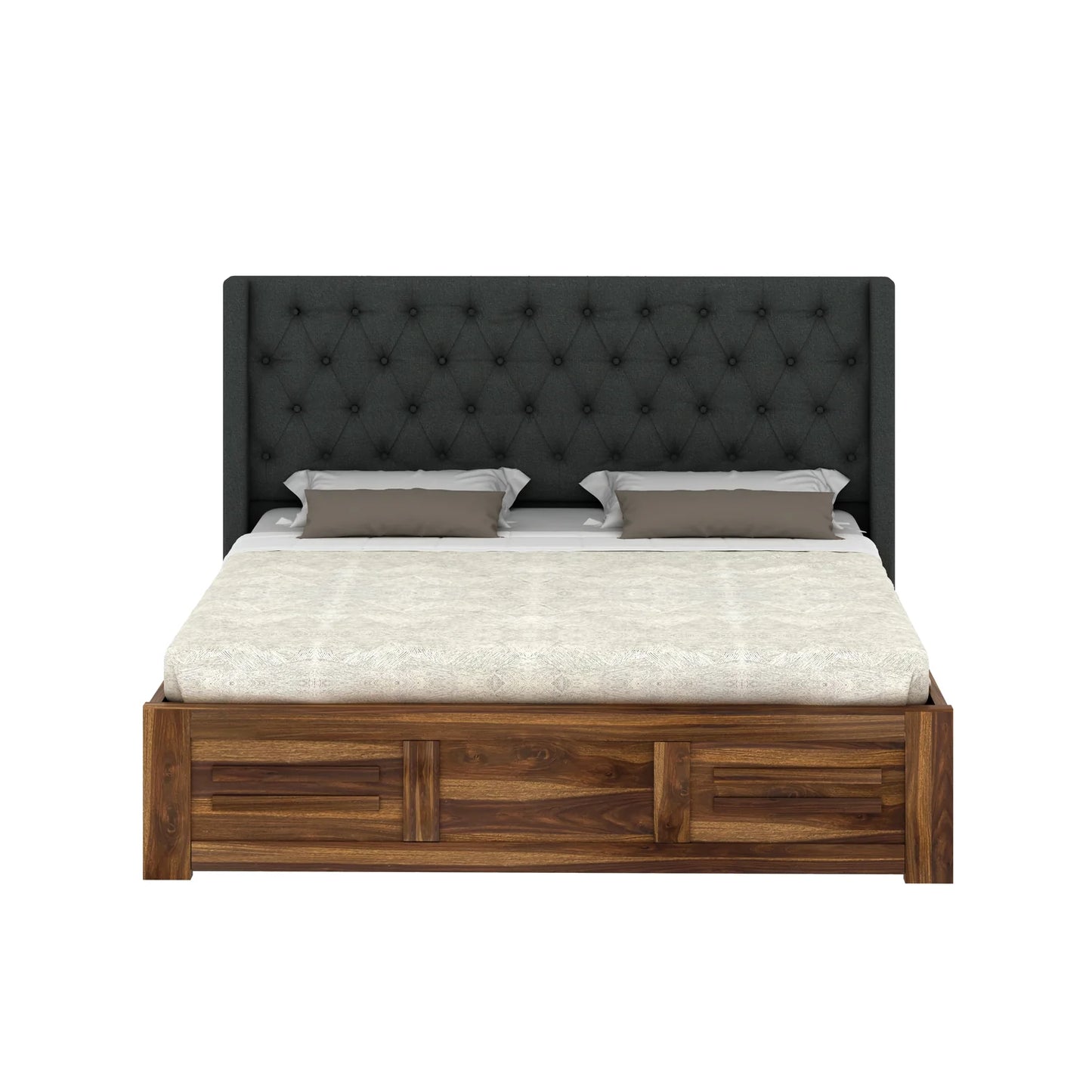 Oslen Sheesham Bed With Box Storage & Fabrio Style Upholstered Headboard-3 Years Warranty(Luxe Edition)