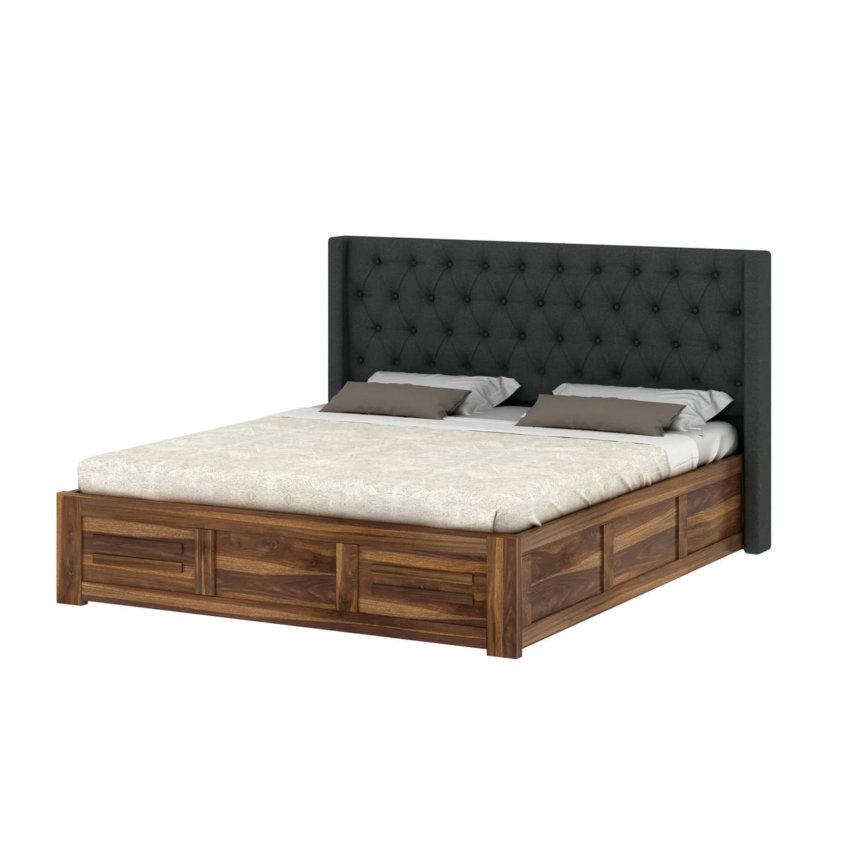 Oslen Sheesham Bed With Box Storage & Fabrio Style Upholstered Headboard-3 Years Warranty(Luxe Edition)