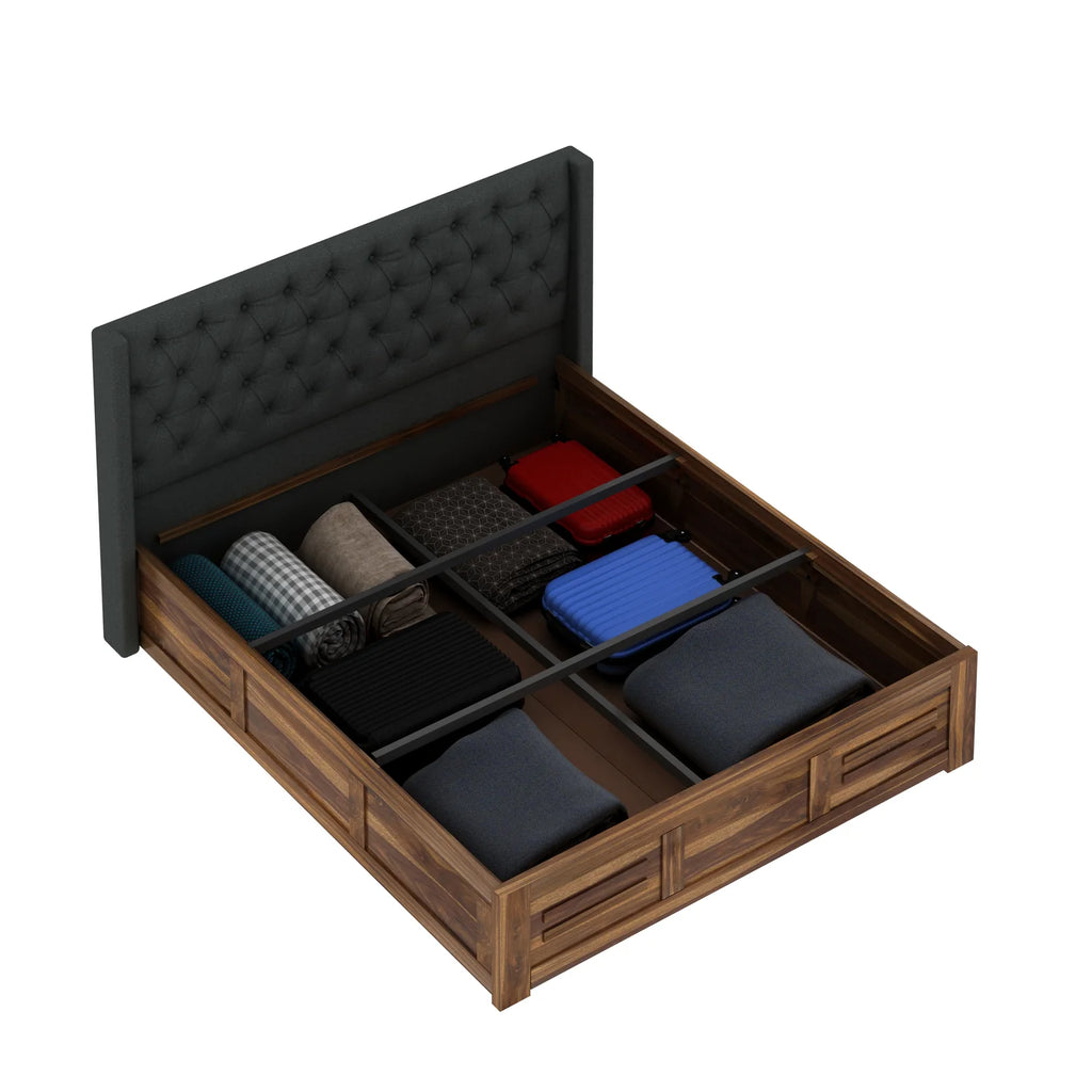 Oslen Solid Sheesham Wood Bed With Box Storage & Fabrio Style Upholstered Headboard-3 years Warranty(LUXE EDITION)