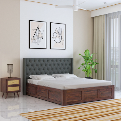 Oslen Sheesham Bed With Box Storage & Fabrio Style Upholstered Headboard-3 Years Warranty(Luxe Edition)