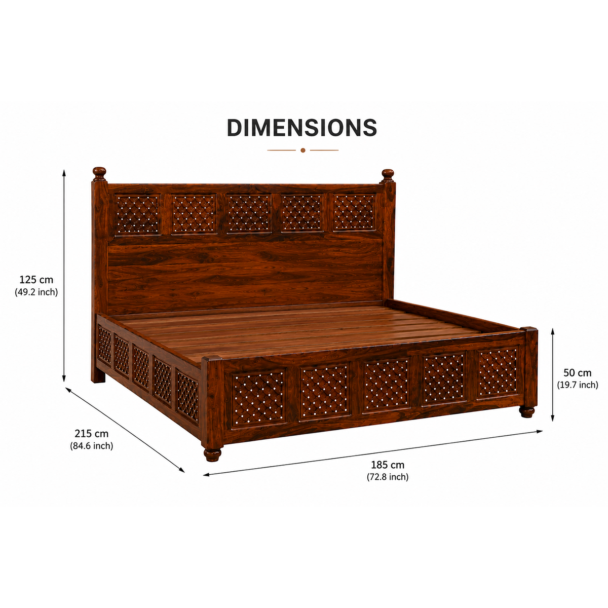 The RJ Art premium Sheesham wood king size bed with decorative carved headboard and footboard in a rich walnut finish.