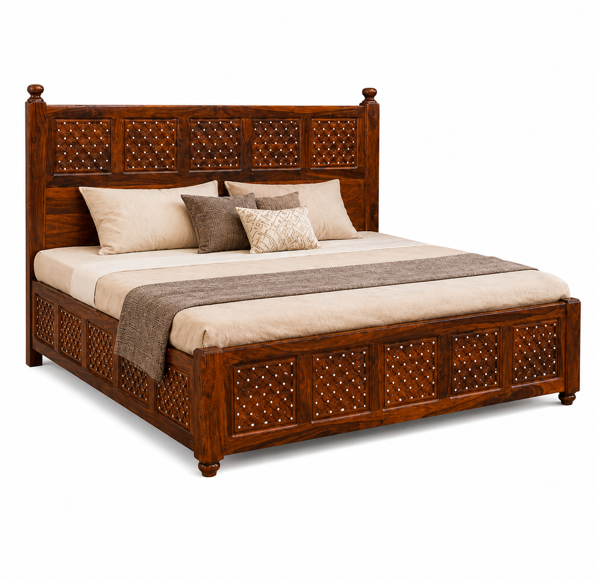 The RJ Art premium Sheesham wood king size bed with decorative carved headboard and footboard in a rich walnut finish.