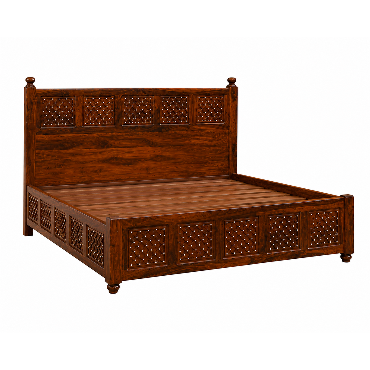 The RJ Art premium Sheesham wood king size bed with decorative carved headboard and footboard in a rich walnut finish.