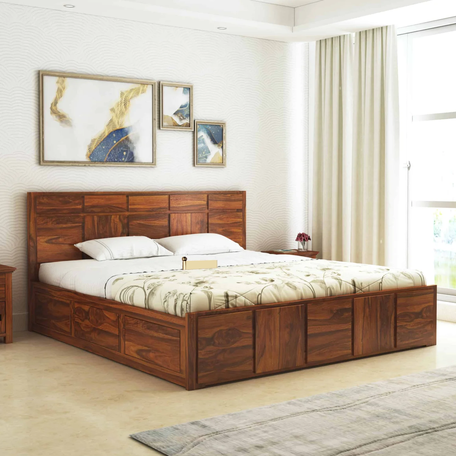 Sevilla Solid Sheesham Wood Bed With Box Storage - 3 Years Warranty